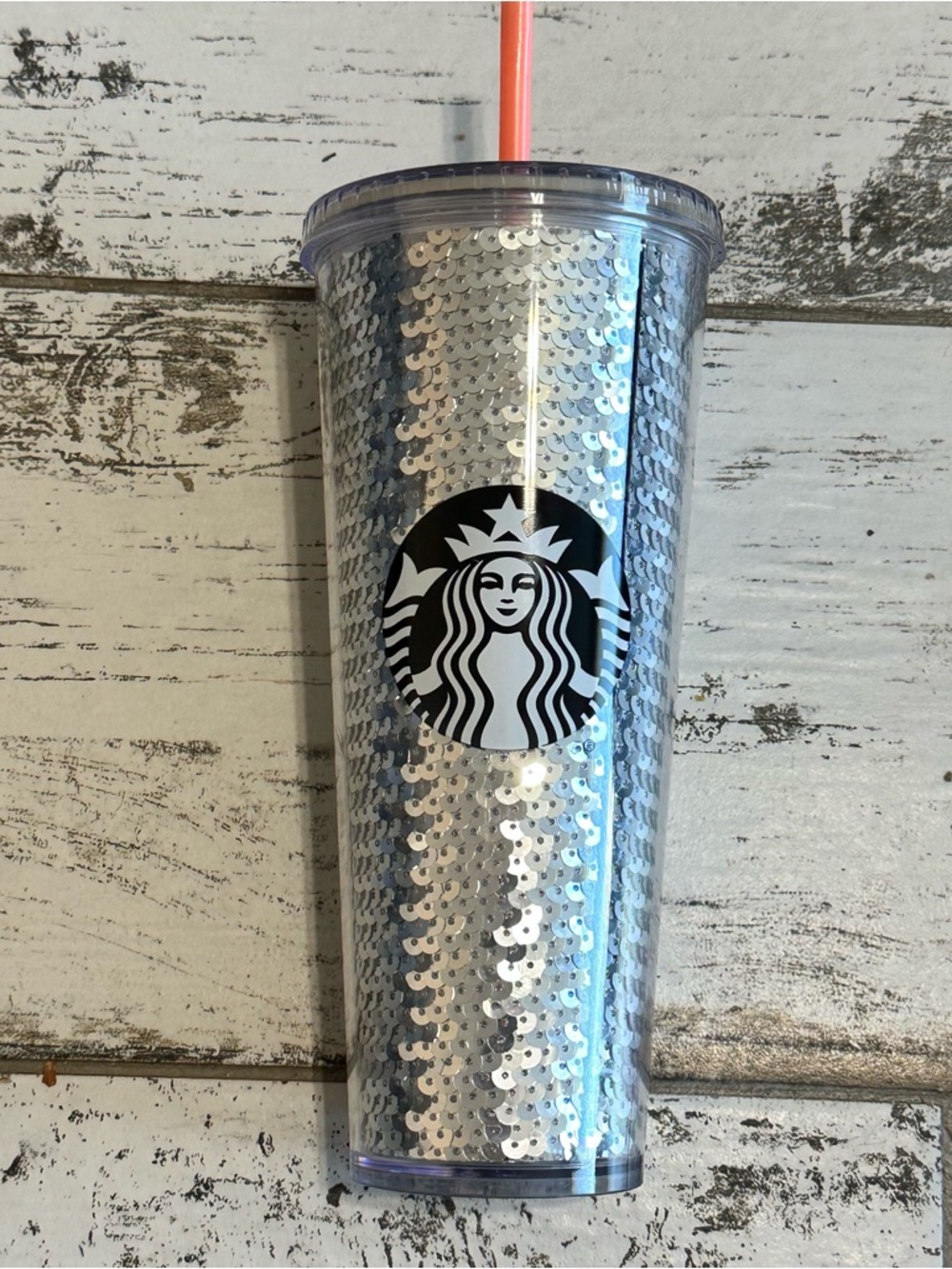 Starbucks Silver Sequin Tumbler with Coral Straw